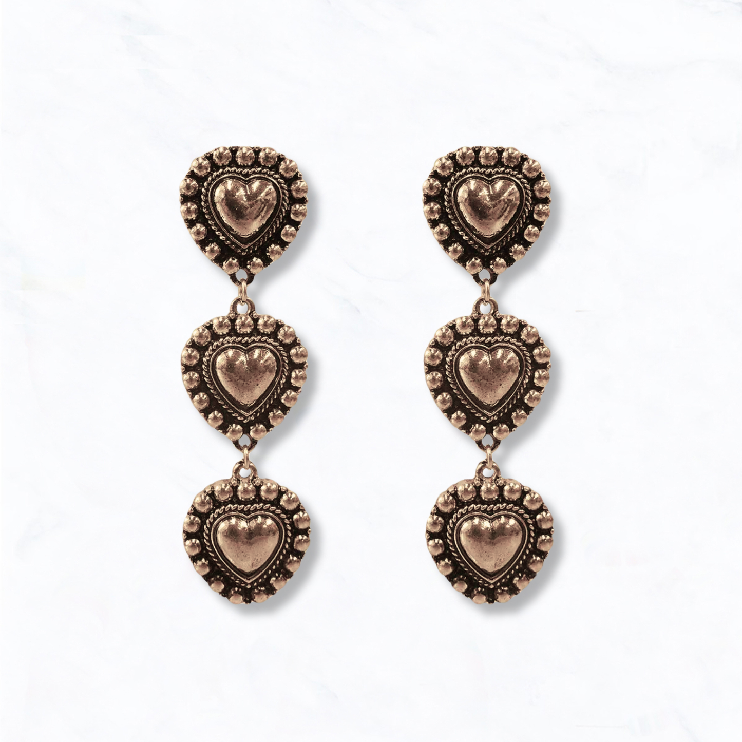 Western Inspired Triple Heart Dangle Earrings: Silver