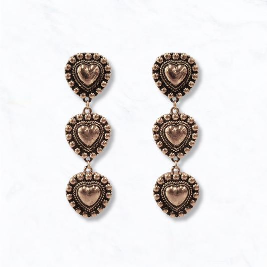Western Inspired Triple Heart Dangle Earrings: Bronze