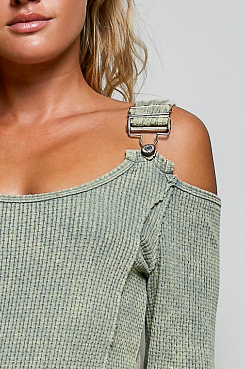 Vintage Washing Solid Buckle Open Shoulder Knit Thermal Top-Multiple Colors