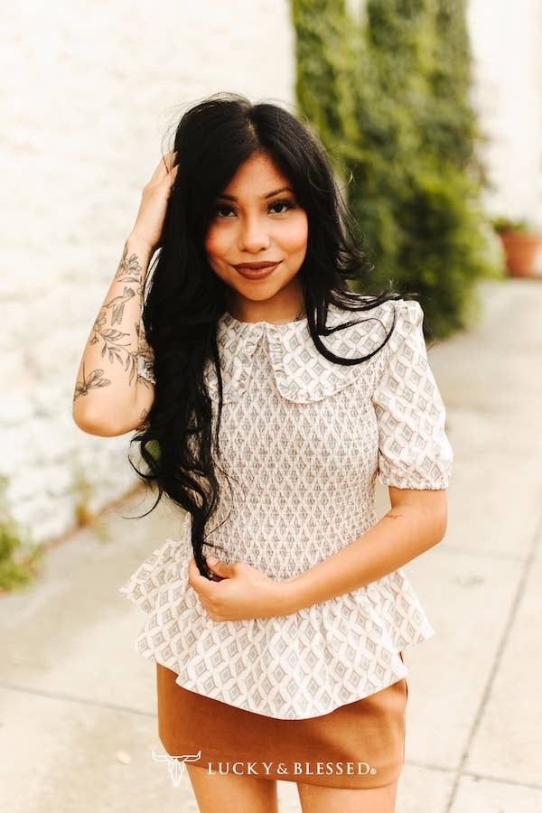 Beige Aztec Printed Puff Sleeve Smocked Flutter Top