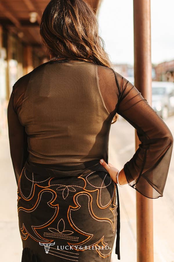Black Mesh Long Sleeve Western Top
