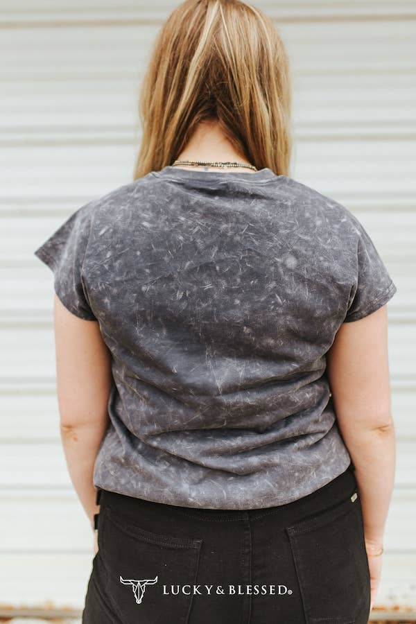 Grey Mineral Wash "Hold Your Horses" Embroidered Graphic Tee