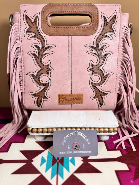 Wrangler Top Handle Boot Scroll Fringe Tote/Crossbody -Pink