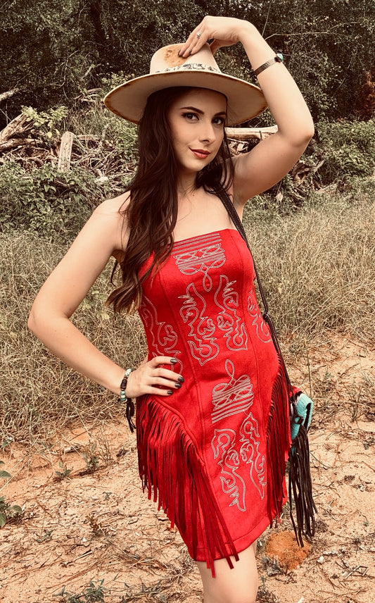 Red Suede Boot Stitch Embroidered Fringe Dress