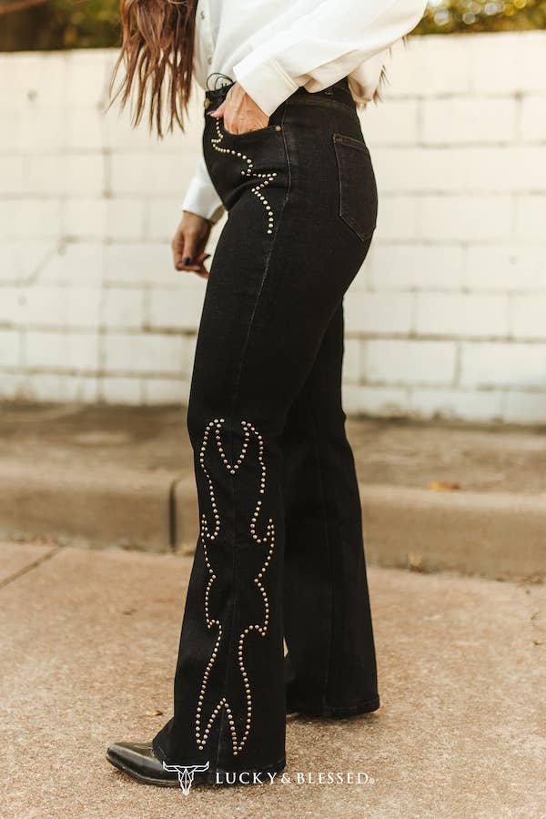Black Boot Stitch Studded High Rise Bootcut Jeans