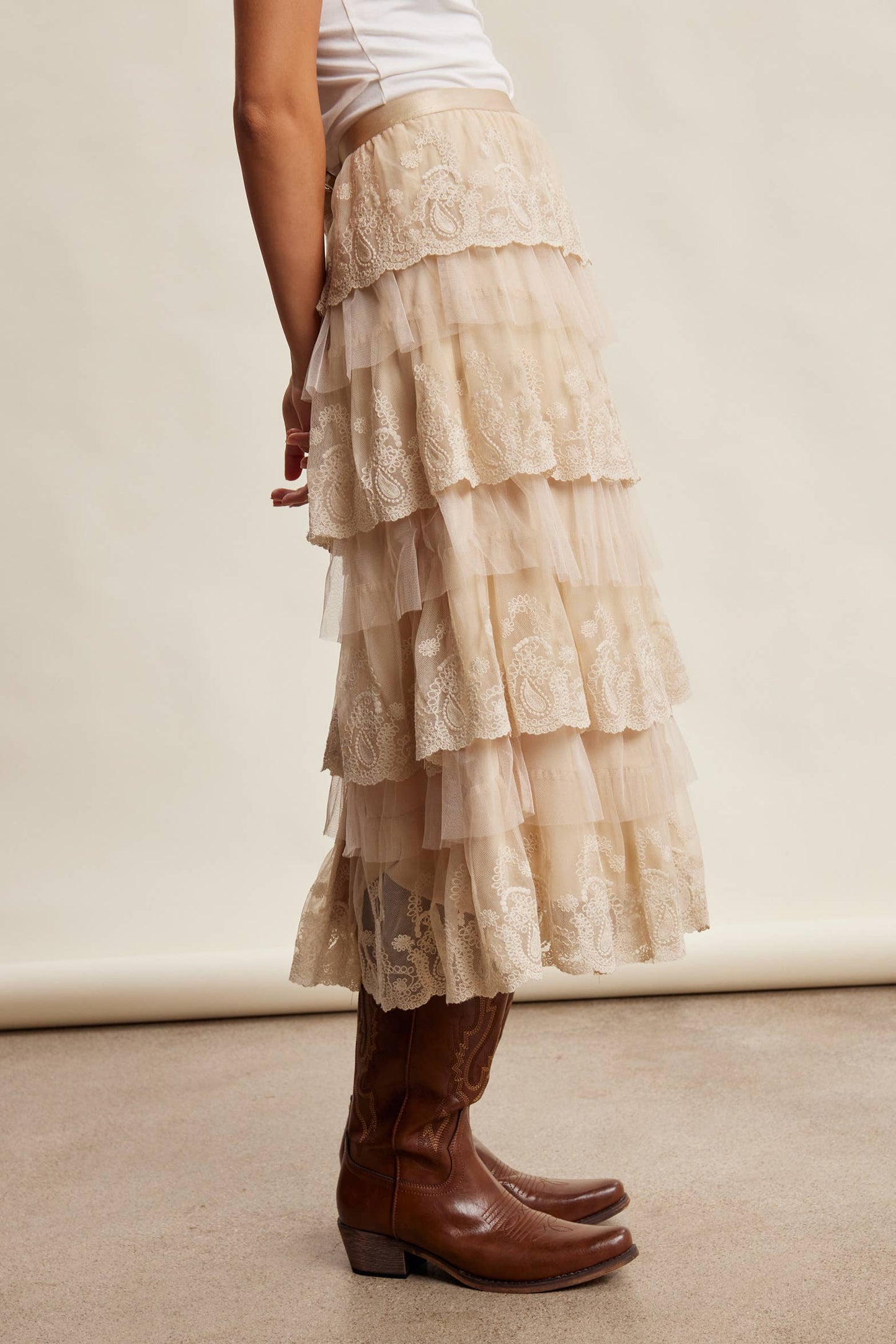 Taupe Lace Tiered Midi Skirt
