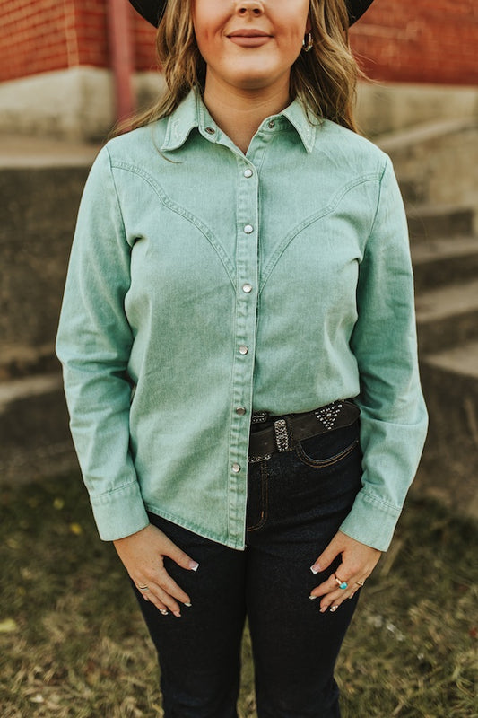 Bit & Bridle Sage Pearl Snap Western Button Down Top