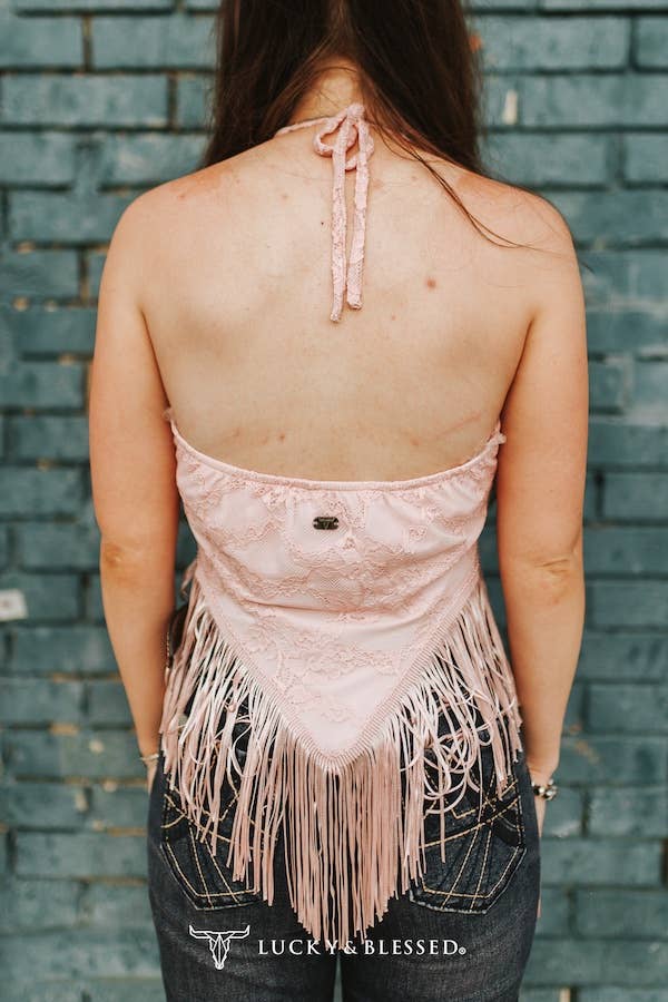 Soft Pink Lace Fringe Halter Top