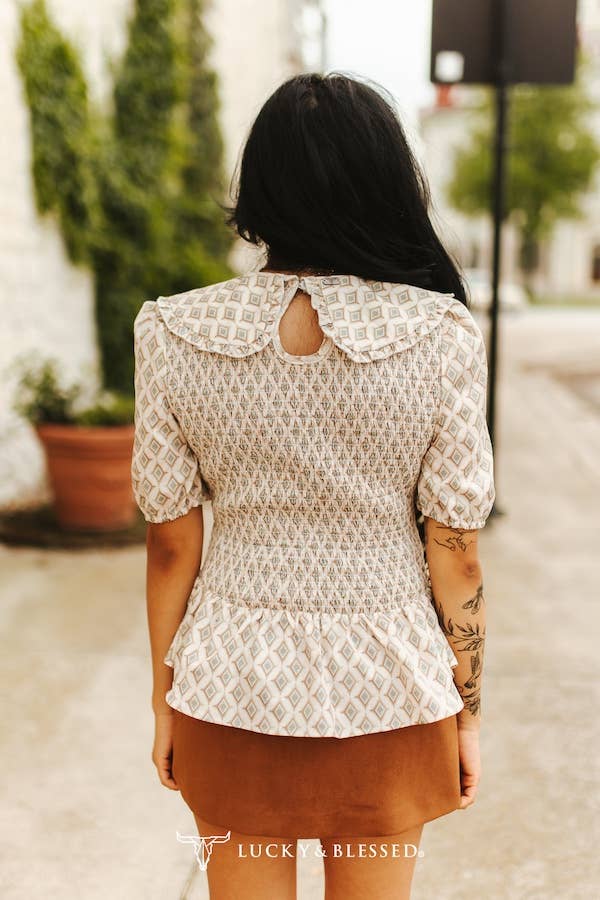 Beige Aztec Printed Puff Sleeve Smocked Flutter Top