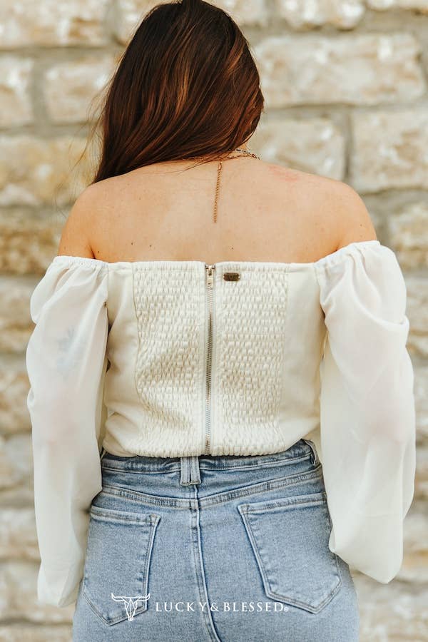 Ivory Boot-stitch Embroidered Elastic Long Sleeve Top