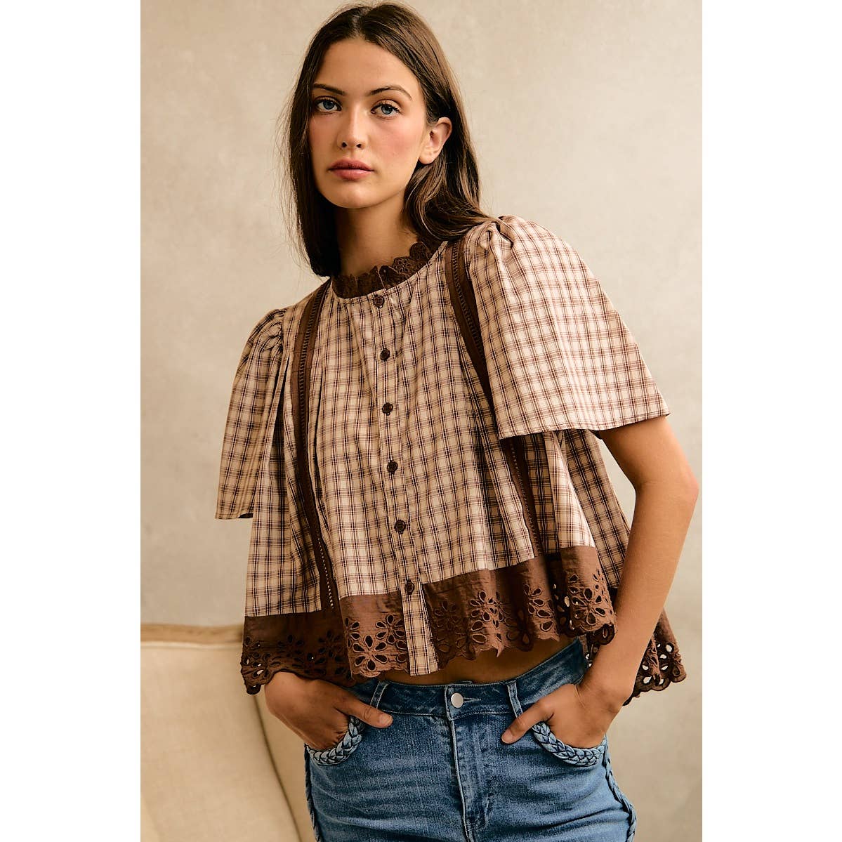 CHECK LACE TRIM FLUTTER SLEEVES BLOUSE TOP