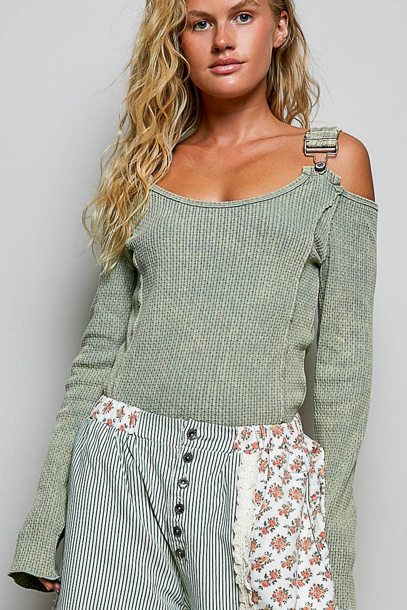 Vintage Washing Solid Buckle Open Shoulder Knit Thermal Top-Multiple Colors