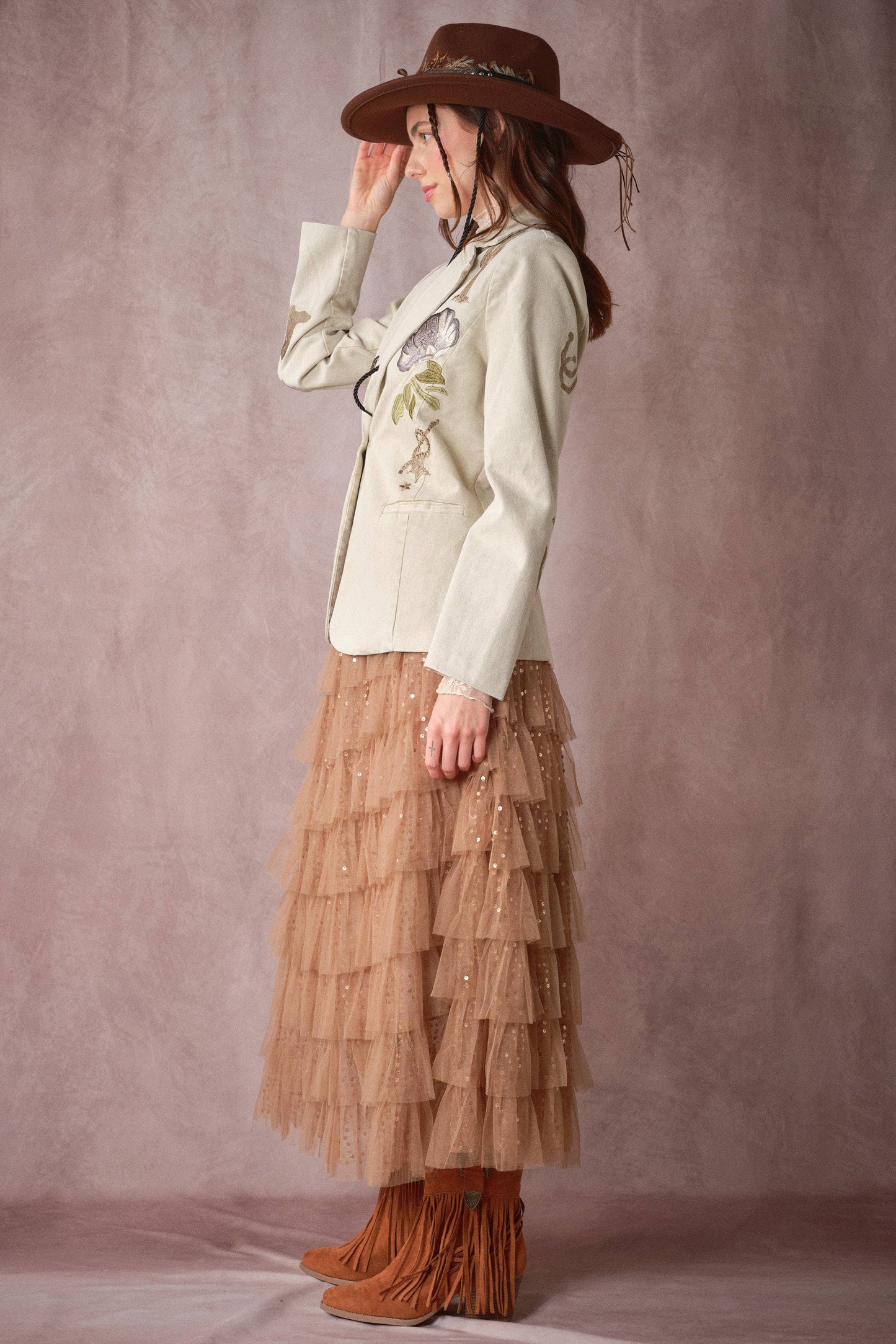 Sequin Tiered Mesh Maxi Skirt
