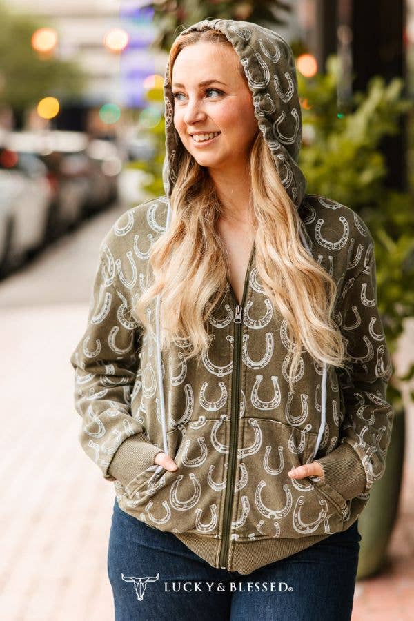 Olive Mineral Wash Horseshoe Printed Zip Up Hooded Sweater