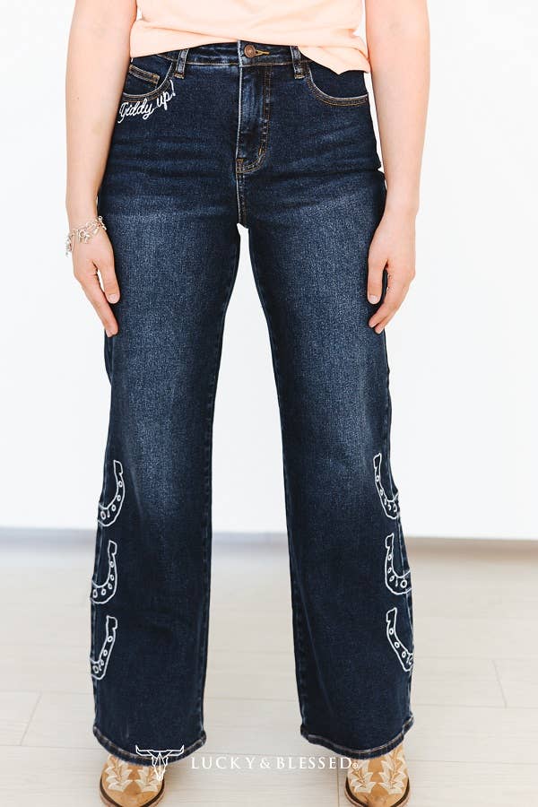 Dark Wash Horse Embroidered High Rise Wide Leg Cuffed Jeans
