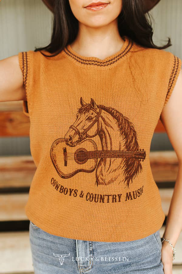 Camel Knit Horse Guitar Contrast Sleeveless Sweater Vest XL-3XL