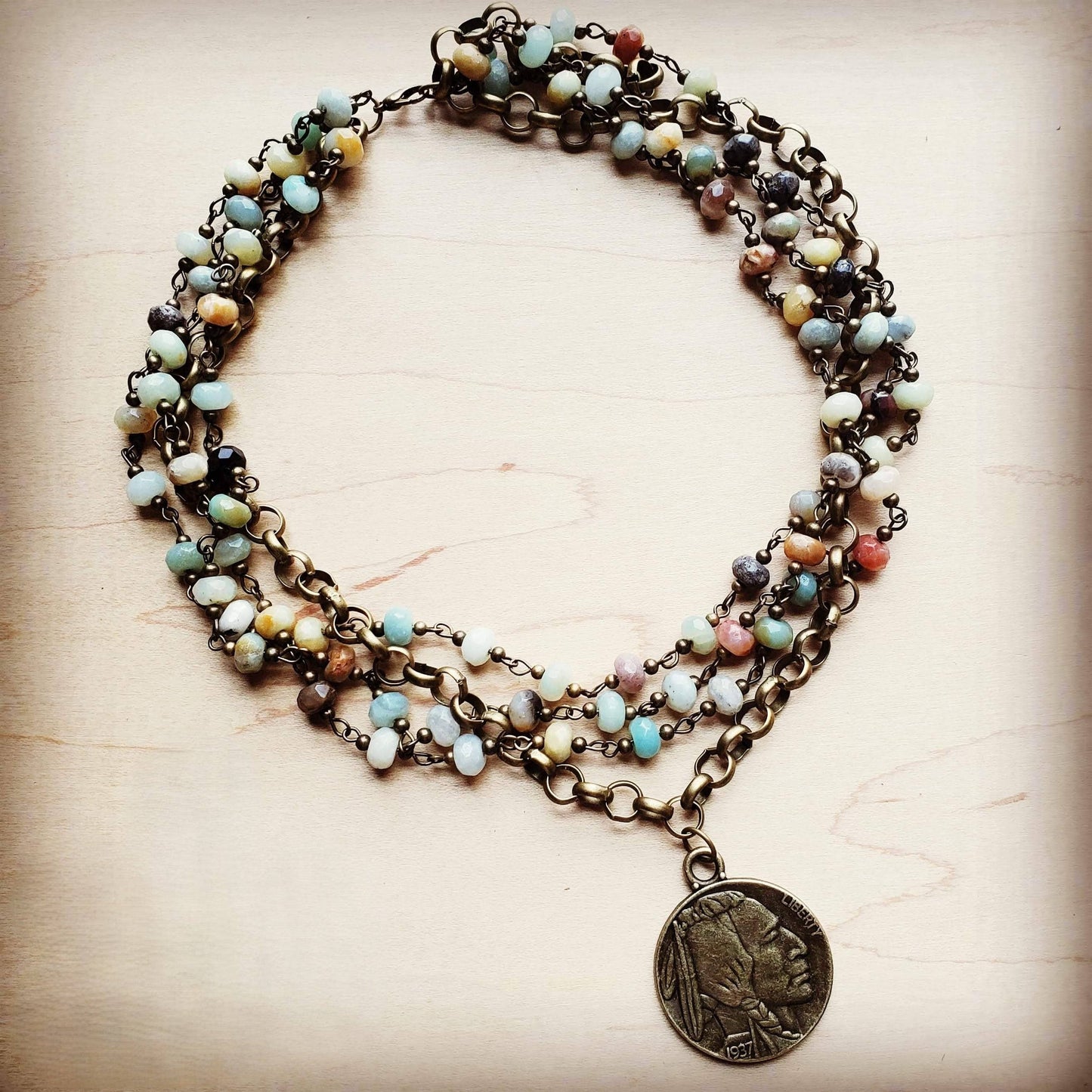 Amazonite & Antique Gold Indian Head Coin Necklace