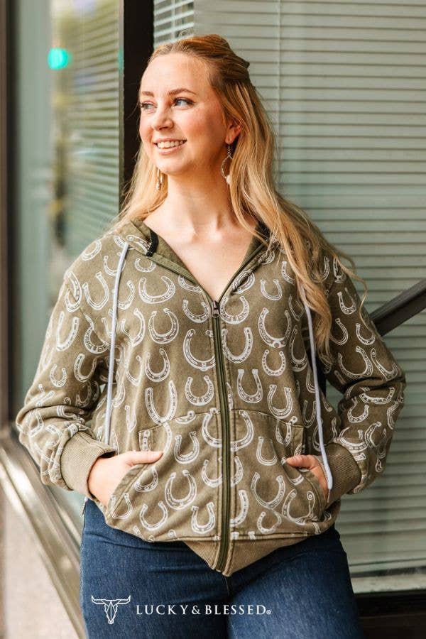 Olive Mineral Wash Horseshoe Printed Zip Up Hooded Sweater: XL-3XL