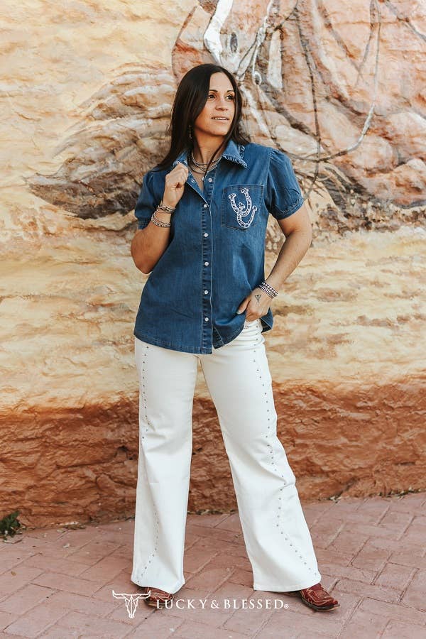 New-Ivory Western Vintage Studded HighRise Wide Leg Jeans