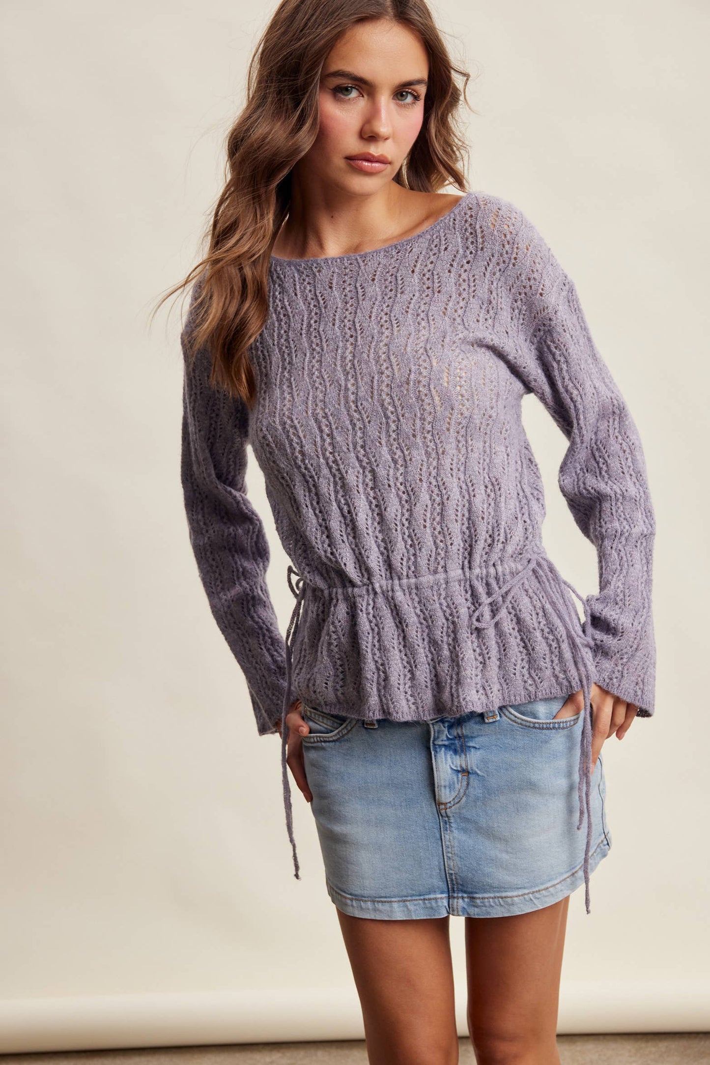 Pointelle Tie-Waist Knit Sweater