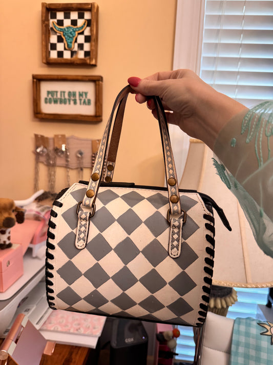 Checker Tooled Leather Speedy Crossbody — Gray