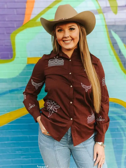 Brown Boot-Stitch Pearl Snap Western Shirt