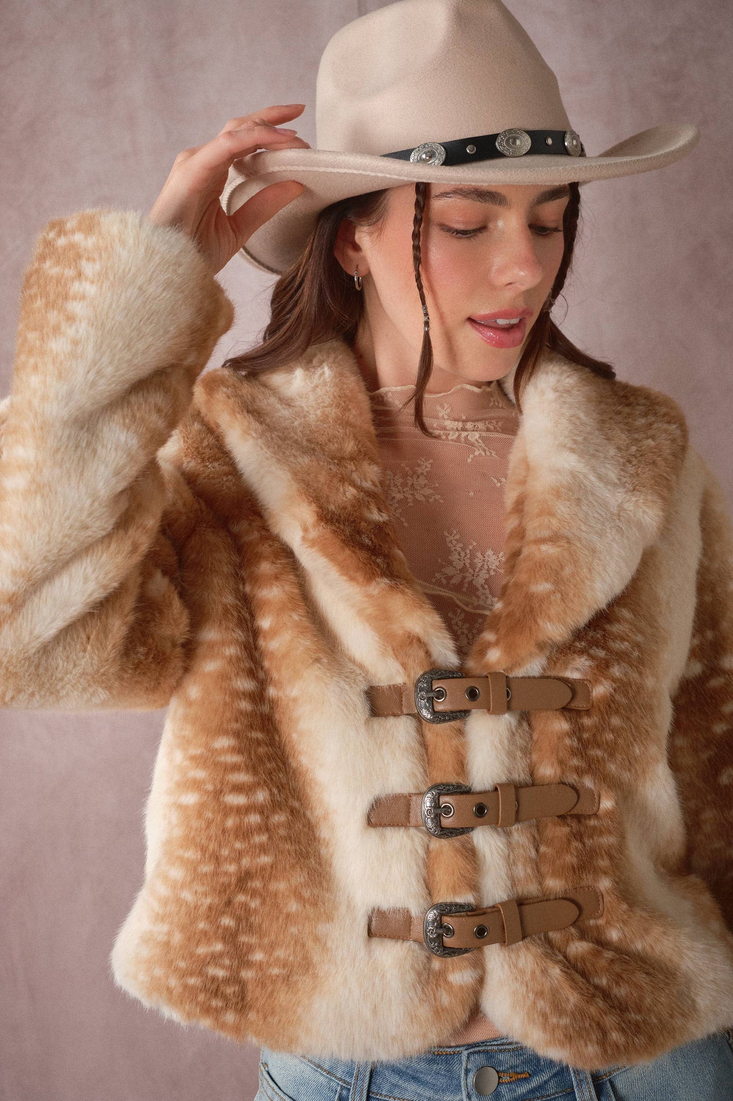 Buckled Deer Print Faux Fur Jacket