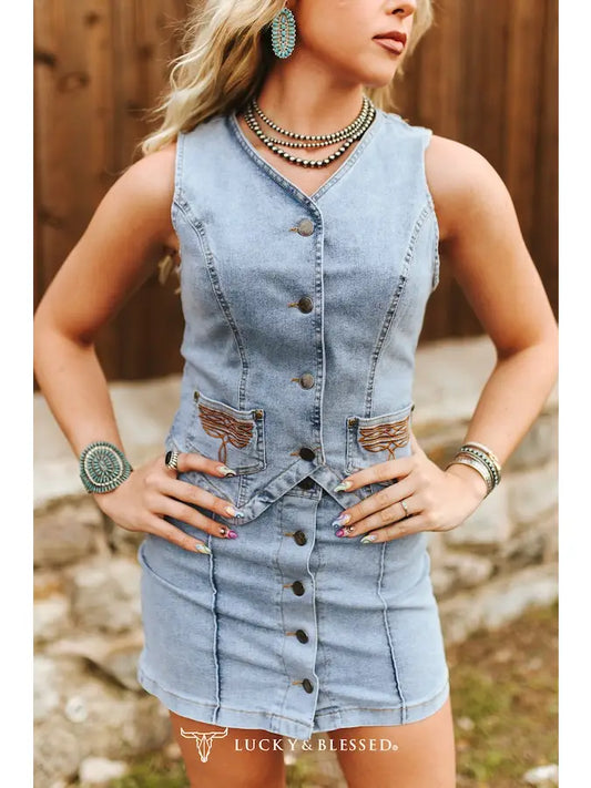 Concho Denim Set — Light Wash Embroidered Vest & Button-Down Western Skirt
