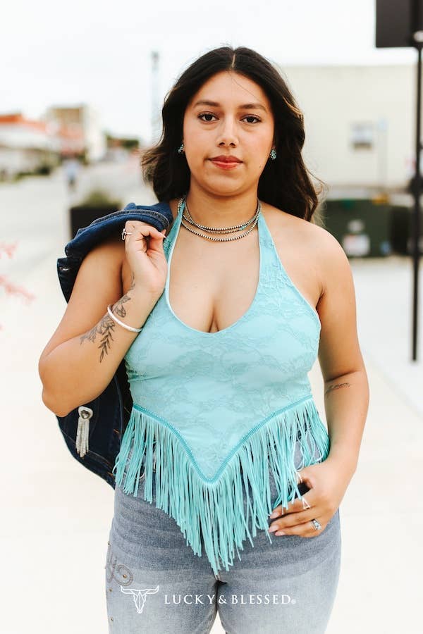 Mint Lace Fringe Halter Top