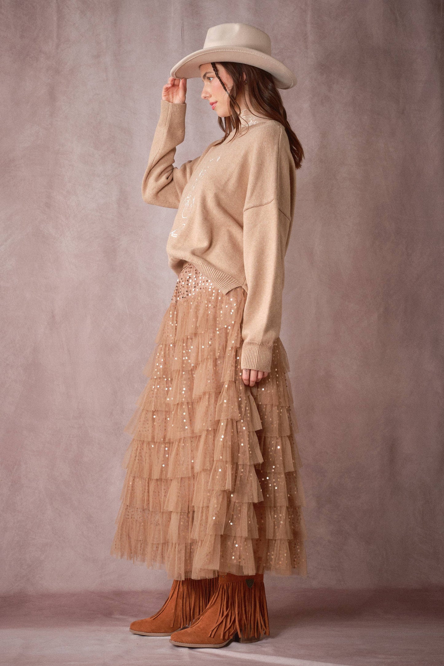 Sequin Tiered Mesh Maxi Skirt