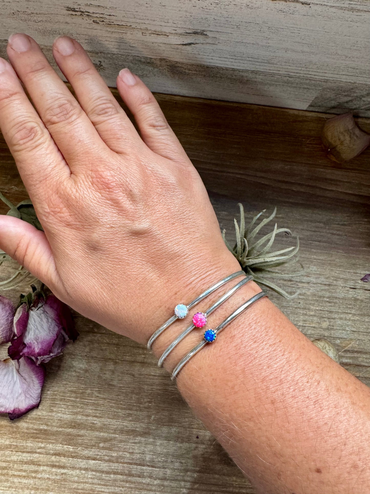Small Opal Cuff Bracelet – Choice of Pink, Blue, or White – Sterling Silver