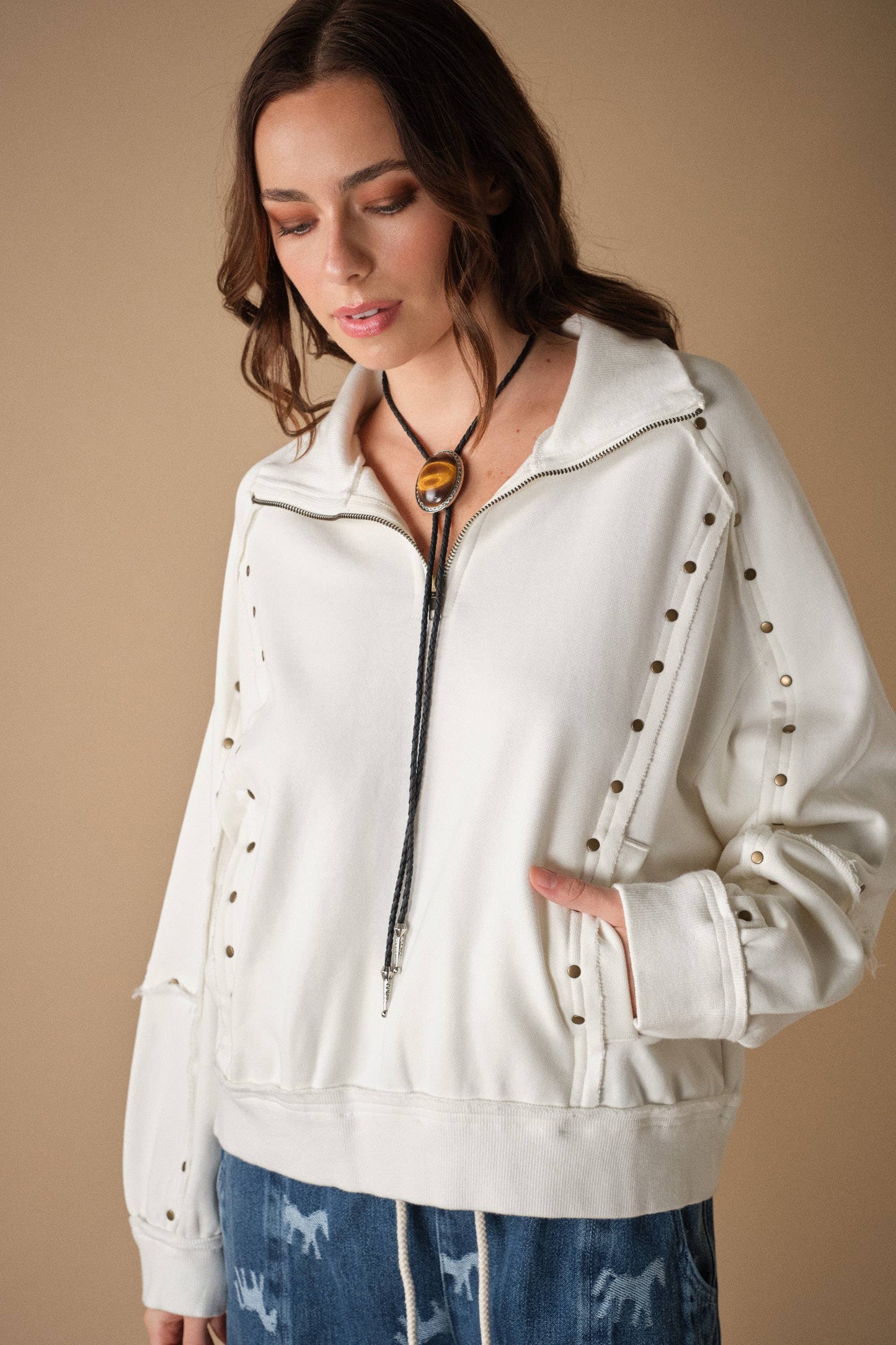 Studded Half-Zip Sweatshirt Black & Cream