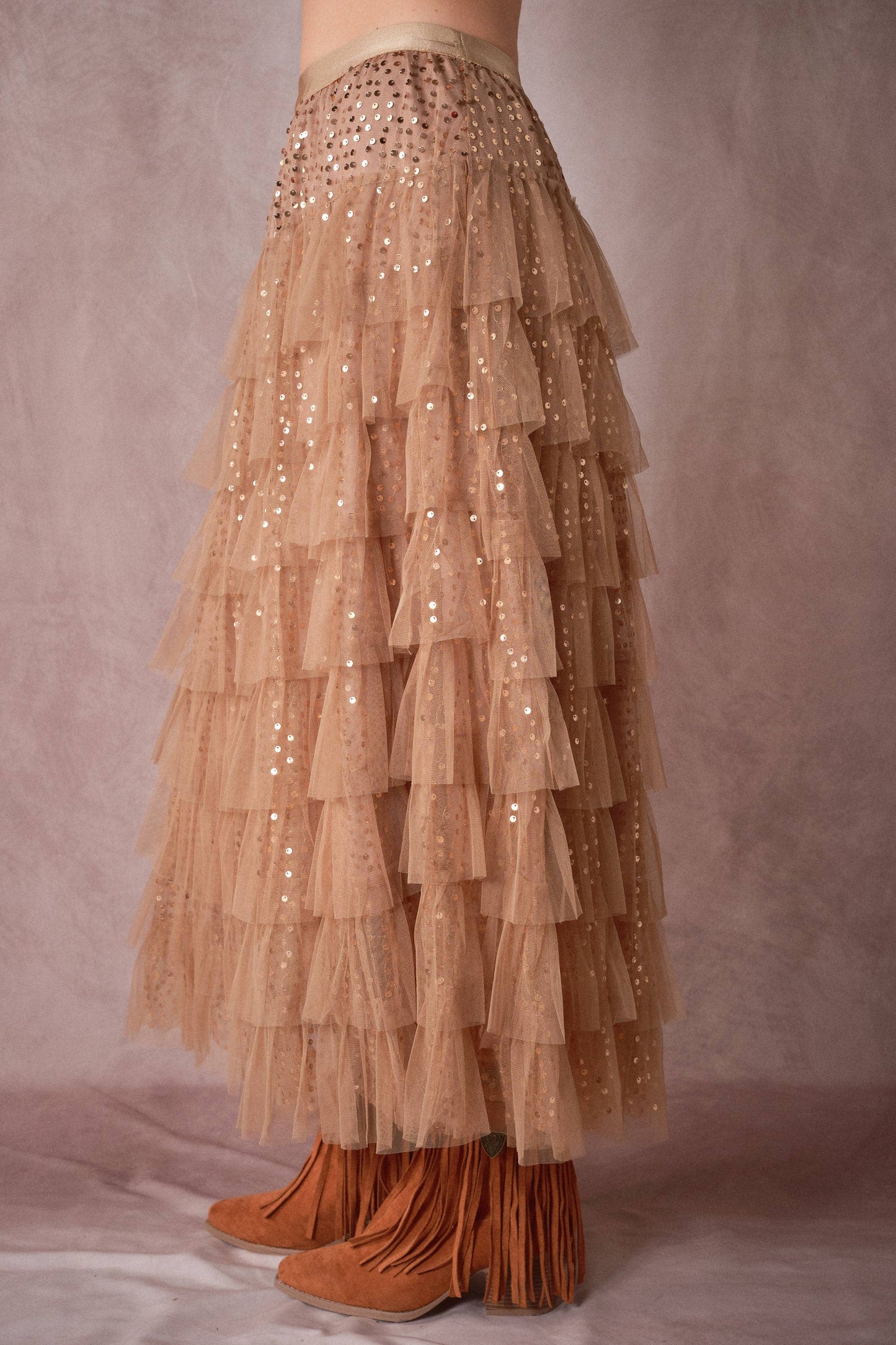 Sequin Tiered Mesh Maxi Skirt