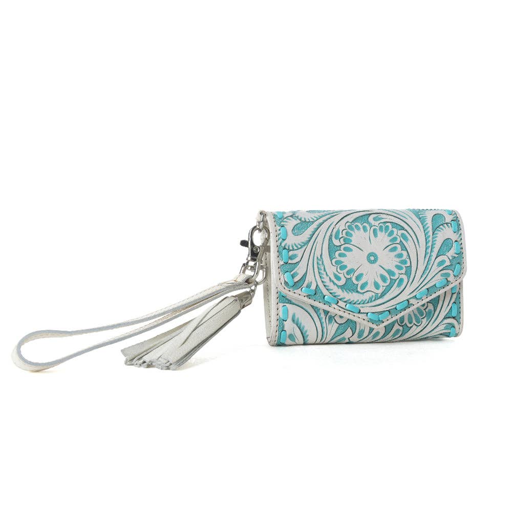 Myra Elise Handtooled Leather Wallet in Western Cyan: Western Cyan
