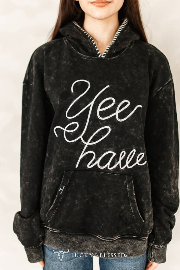 Black Mineral Wash Yeehaw Embroidered Detail Hoodie XL-3XL