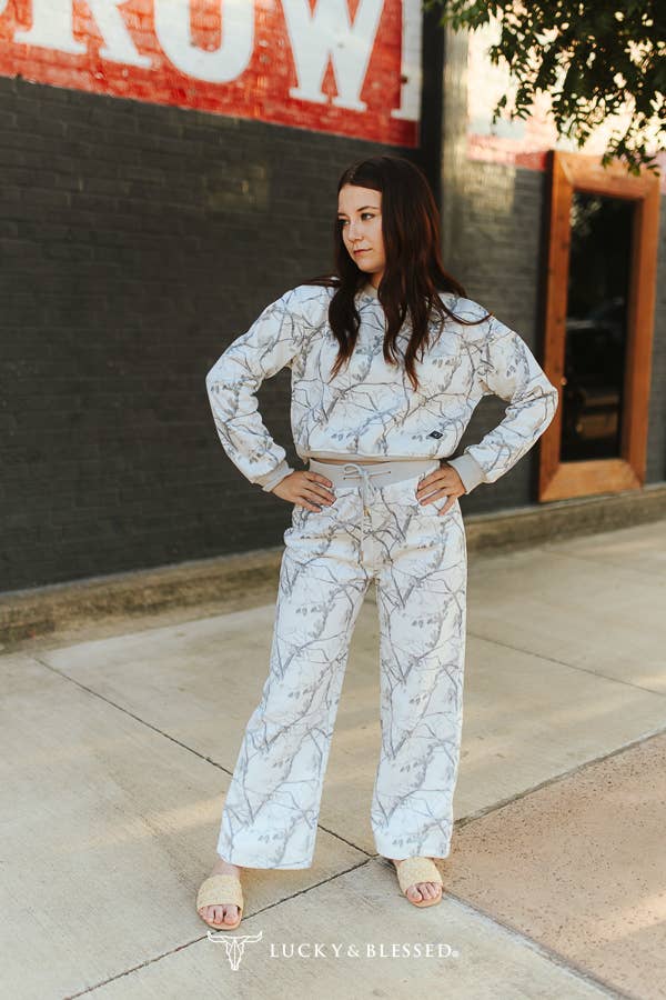 White Camo Print Cropped Sweatshirt & Pants Lounge Set XL-3XL