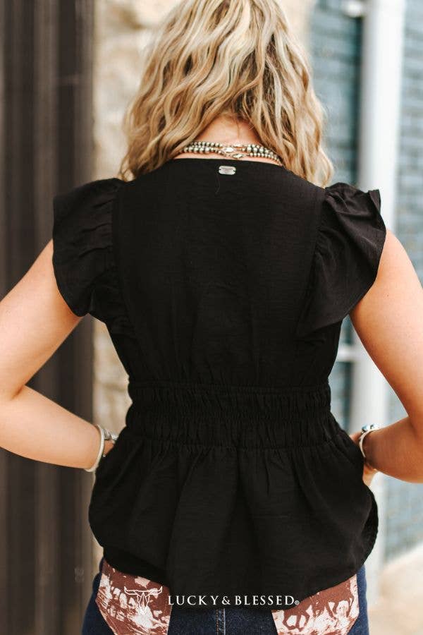 New Black Camel Embroidered Smocked Waist Ruffle Blouse