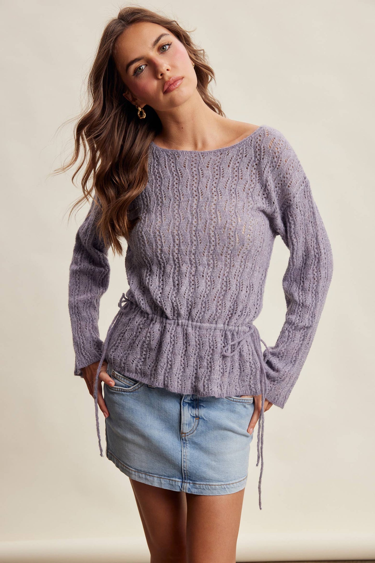 Pointelle Tie-Waist Knit Sweater