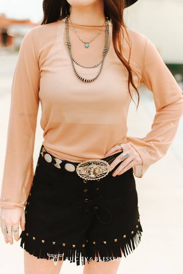 Cream Mesh Long Sleeve Western Top