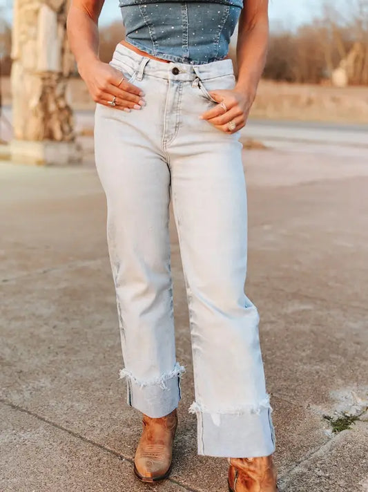 High Plains Trouser Jeans — Light Wash Frayed Cuff