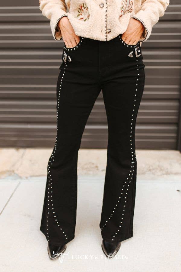 Black Vintage Studded Front Side Buckle Pants