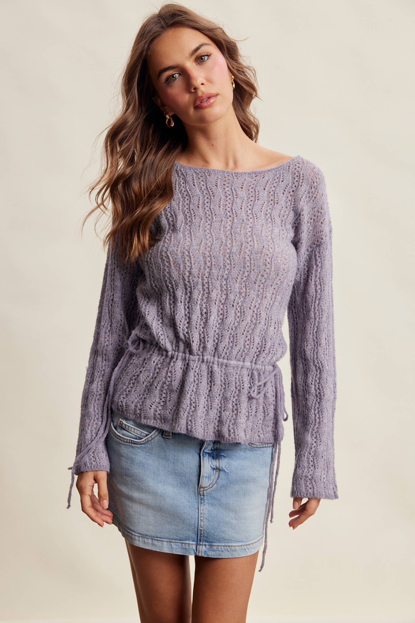 Pointelle Tie-Waist Knit Sweater