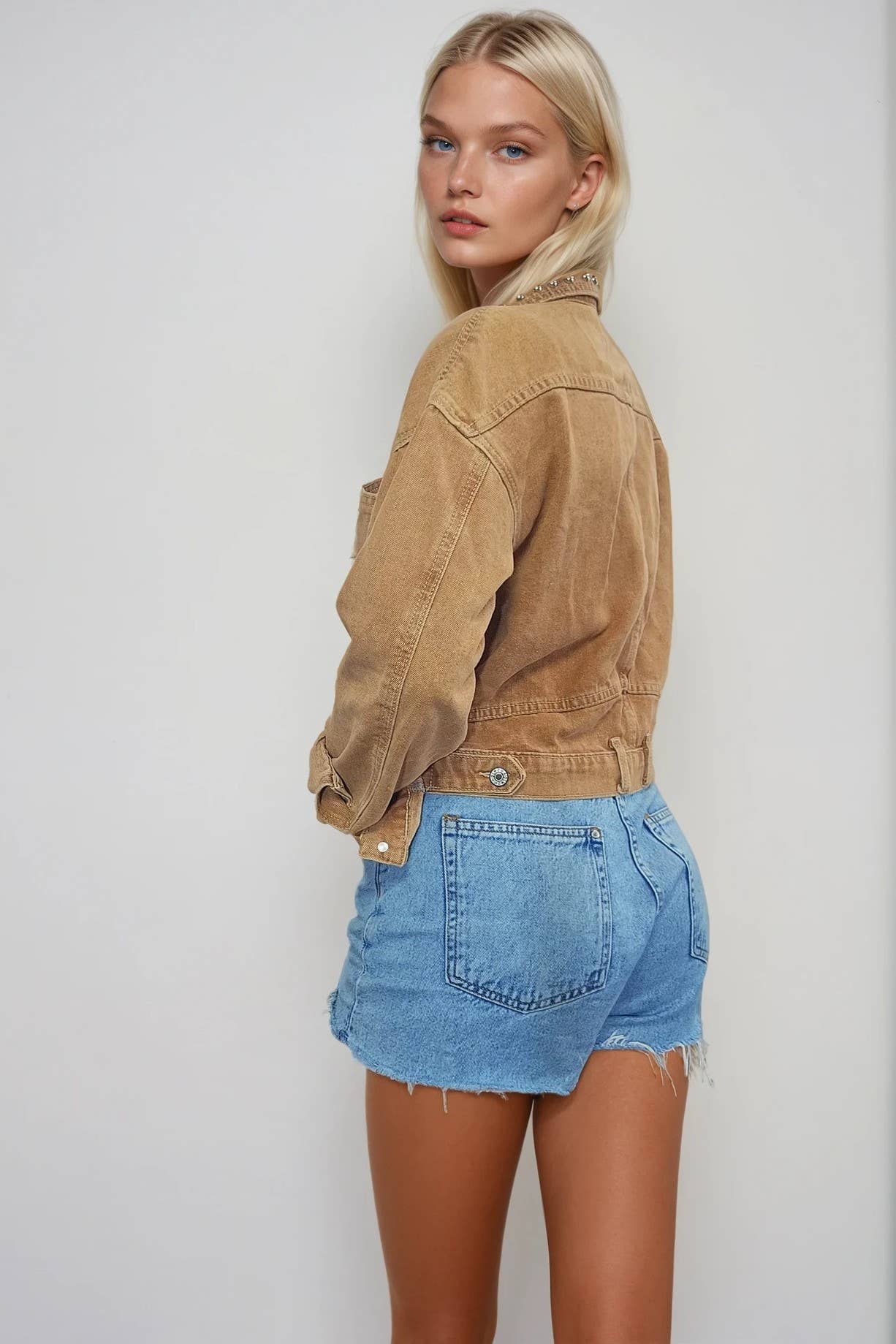 STUDDED CROPPED WASHED DENIM JACKET