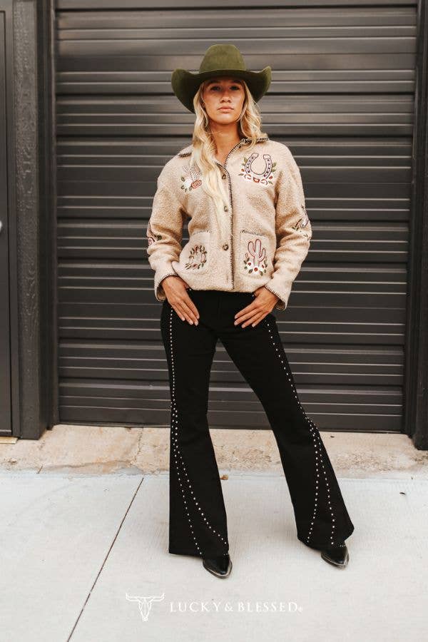 Black Vintage Studded Front Side Buckle Pants