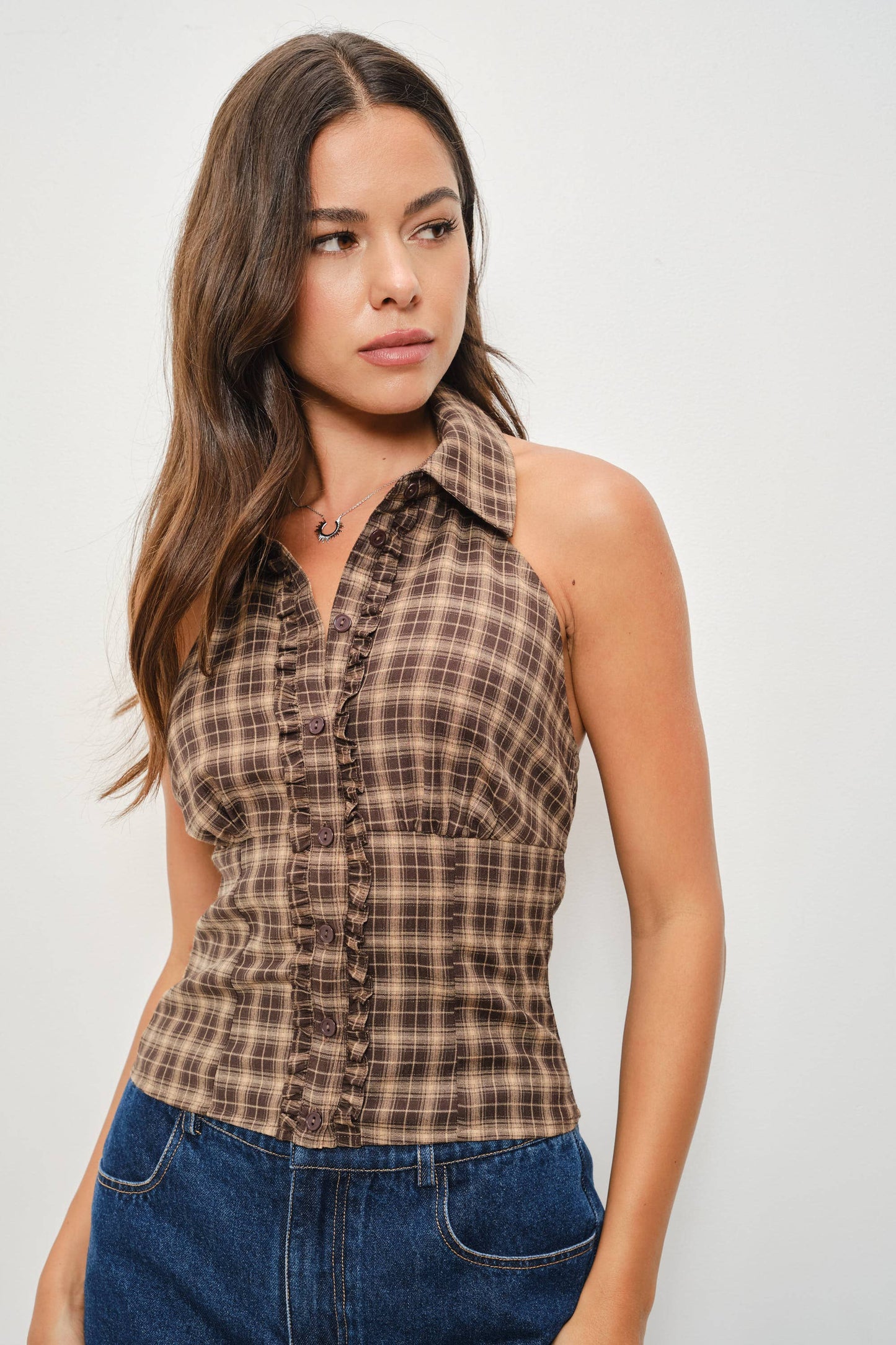Plaid Ruffle-Trim Halter Top