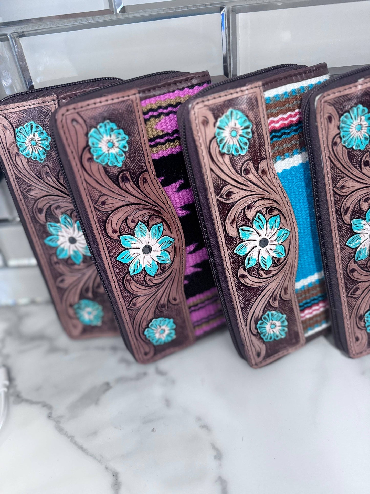 Saddle blanket tooled  wallets: Blue