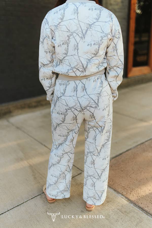 White Camo Print Cropped Sweatshirt & Pants Lounge Set