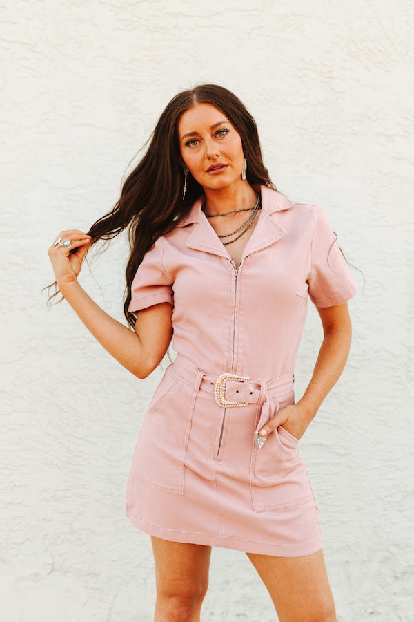 Buckle Up Blush Denim Dress