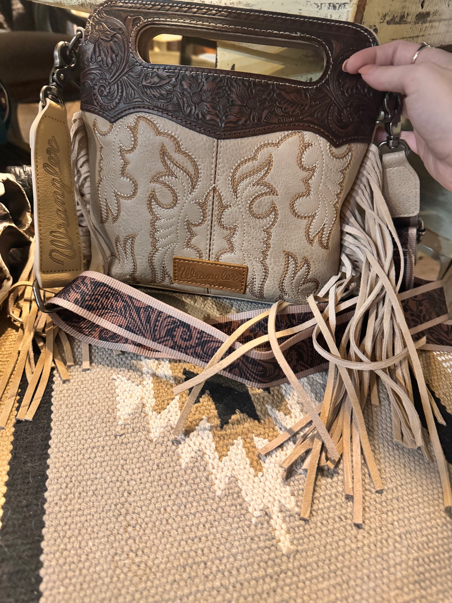Wrangler Top Handle Embroidered Fringe Tote/Crossbody