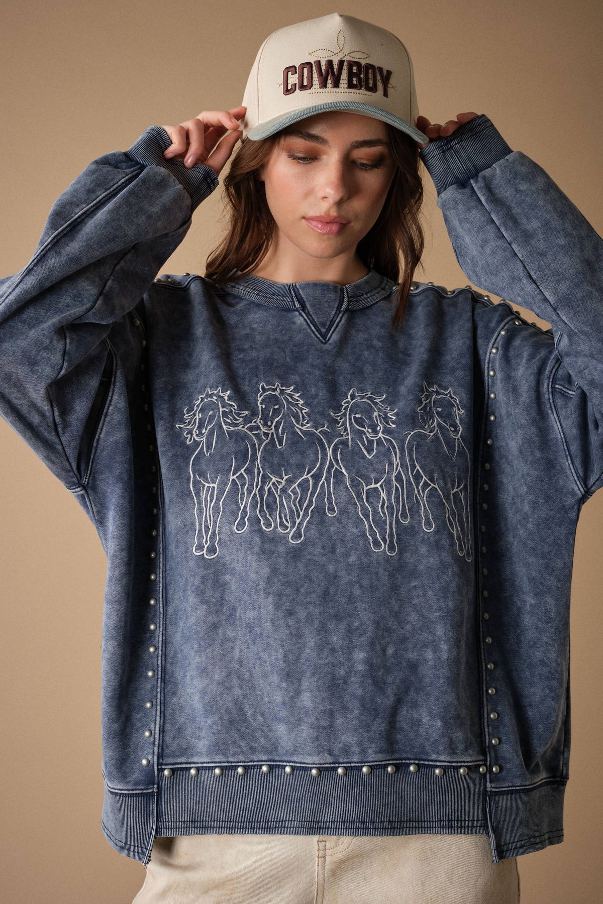 Horse Embroidery Stud Sweatshirt